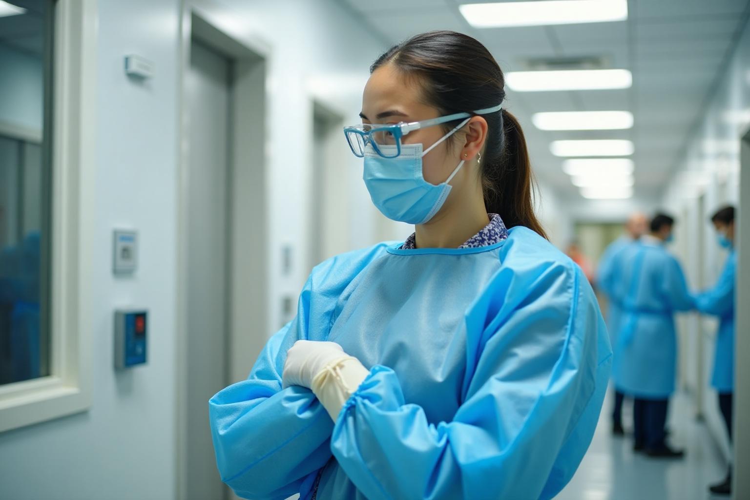 Healthcare worker demonstrating proper gown donning procedure